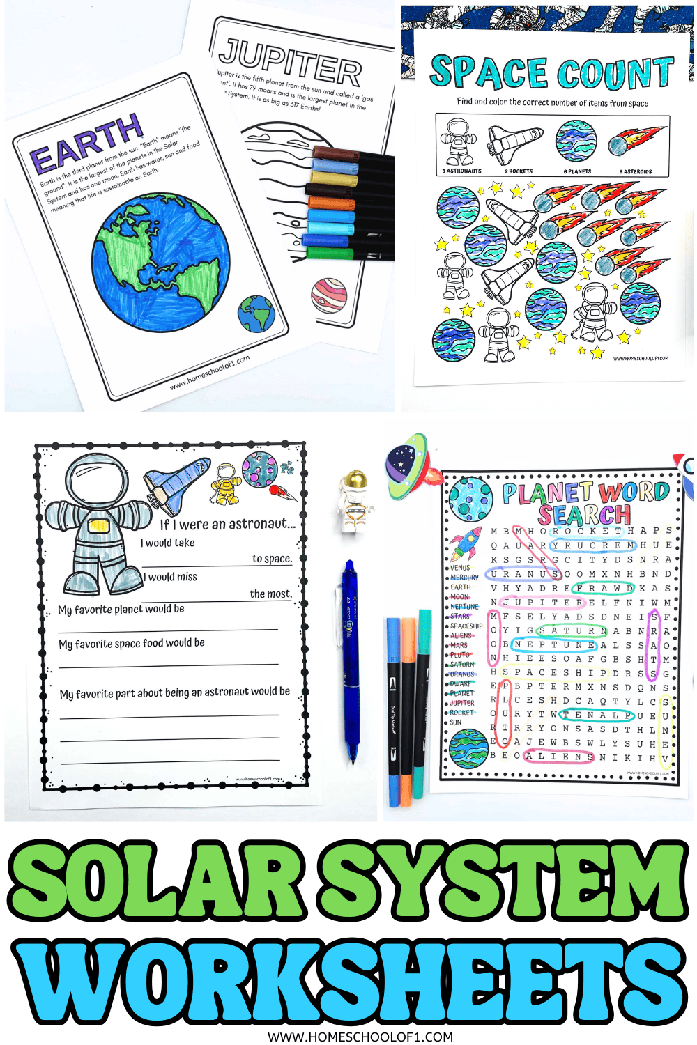 Printable solar system worksheets for kids including planet coloring pages, space counting activity, astronaut writing prompt, and planet word search.