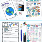 Free printable planet worksheets for kids featuring Earth and Jupiter coloring pages, space counting game, astronaut writing prompt, and planet word search.