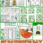 Collage of St Patrickโs Day kindergarten activities including counting worksheets, leprechaun sequencing, bingo games, coloring pages, crafts, bookmarks, and fine motor printables.