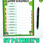 St Patrickโs Day word scramble printable worksheet with green border, leprechaun graphics, and holiday-themed scrambled words for kids.