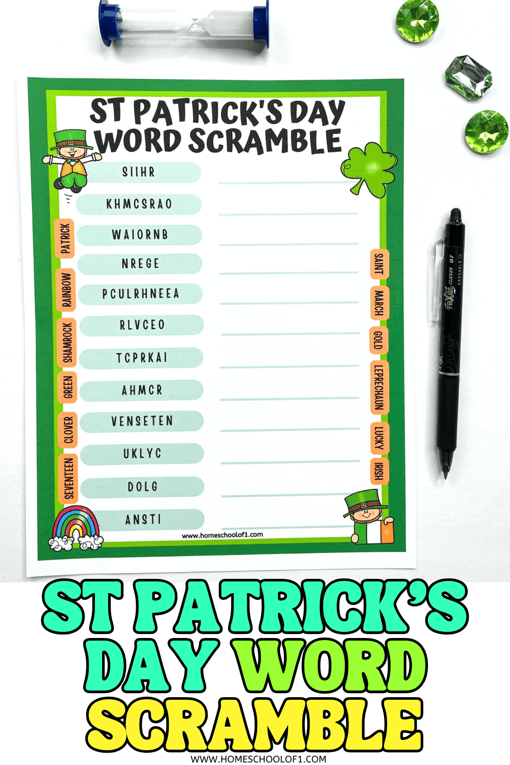St Patrickโs Day word scramble printable worksheet with green border, leprechaun graphics, and holiday-themed scrambled words for kids.