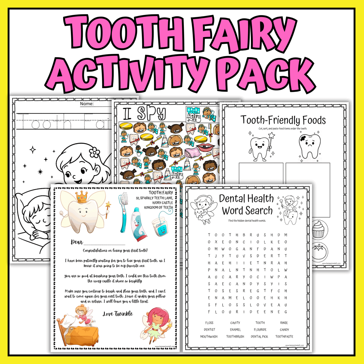 tooth fairy activity pack with games, coloring pages, word search, and certificates for fun dental health learning