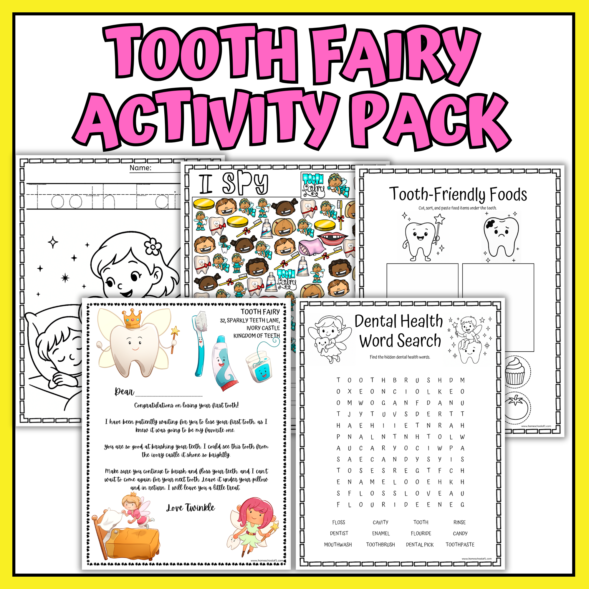 tooth fairy activity pack with games, coloring pages, word search, and certificates for fun dental health learning