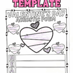 Printable HEART acrostic poem worksheet for Valentineโs Day with large hearts for coloring and writing prompts.