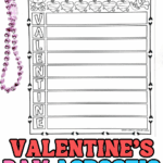 VALENTINE acrostic poem template for kids featuring lined boxes and Valentine-themed illustrations.