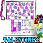 Completed Valentineโs Day graphing worksheet showing colored icons, a filled bar graph, and tally results for a kid-friendly math activity.