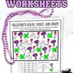 Valentineโs Day color, count, and graph worksheet with roses, letters, and bouquets, shown colored and ready for early math practice.