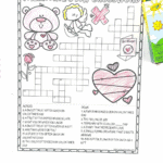 Partially colored Valentineโs Day crossword puzzle for kids with Cupid, hearts, and holiday-themed clues and answers.