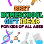 Bright graphic with science icons and bold text reading “Best Homeschool Gift Ideas for Kids of All Ages.”