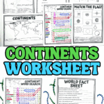 Free continents worksheet pack with map labeling, word search, word scramble, fact sheet, flag match, and greetings activity.