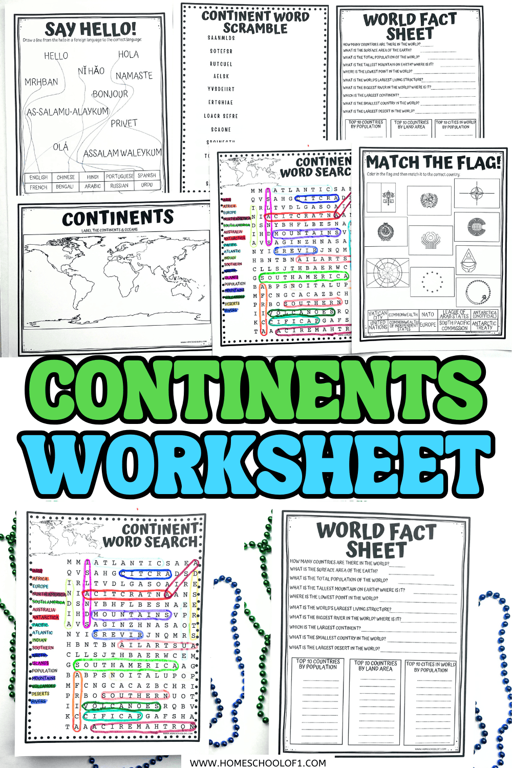Free continents worksheet pack with map labeling, word search, word scramble, fact sheet, flag match, and greetings activity.