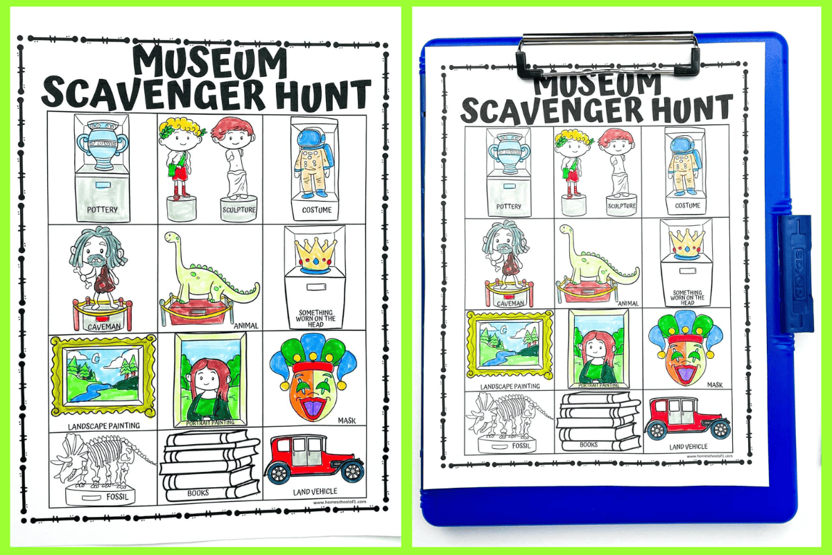 Side-by-side images of a free museum scavenger hunt printable for kids, showing the worksheet alone and clipped to a storage clipboard with crayons for use during a museum visit.