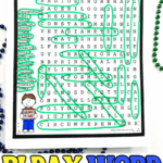 Free printable Pi Day word search puzzle with math vocabulary like radius, circumference, diameter, formula, and irrational, plus a completed answer example.