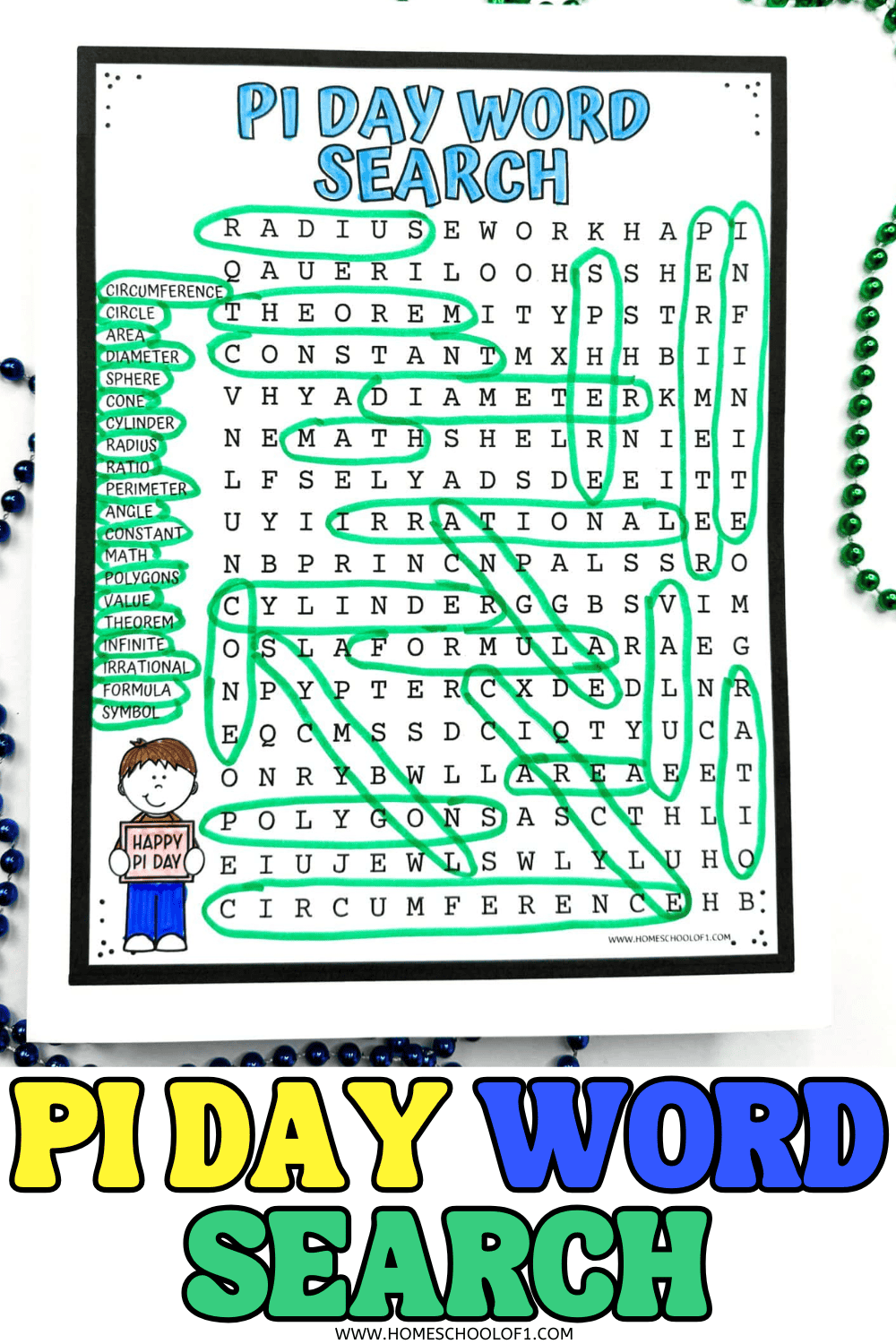 Free printable Pi Day word search puzzle with math vocabulary like radius, circumference, diameter, formula, and irrational, plus a completed answer example.