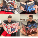 Collage of a 13 year old boy reading Star Wars: Dooku Jedi Lost, Harry Potter and the Order of the Phoenix, Marvel Greatest Comics, and Star Wars: Secrets of the Sith — top book picks for teen boys who love sci-fi, fantasy, and comics.