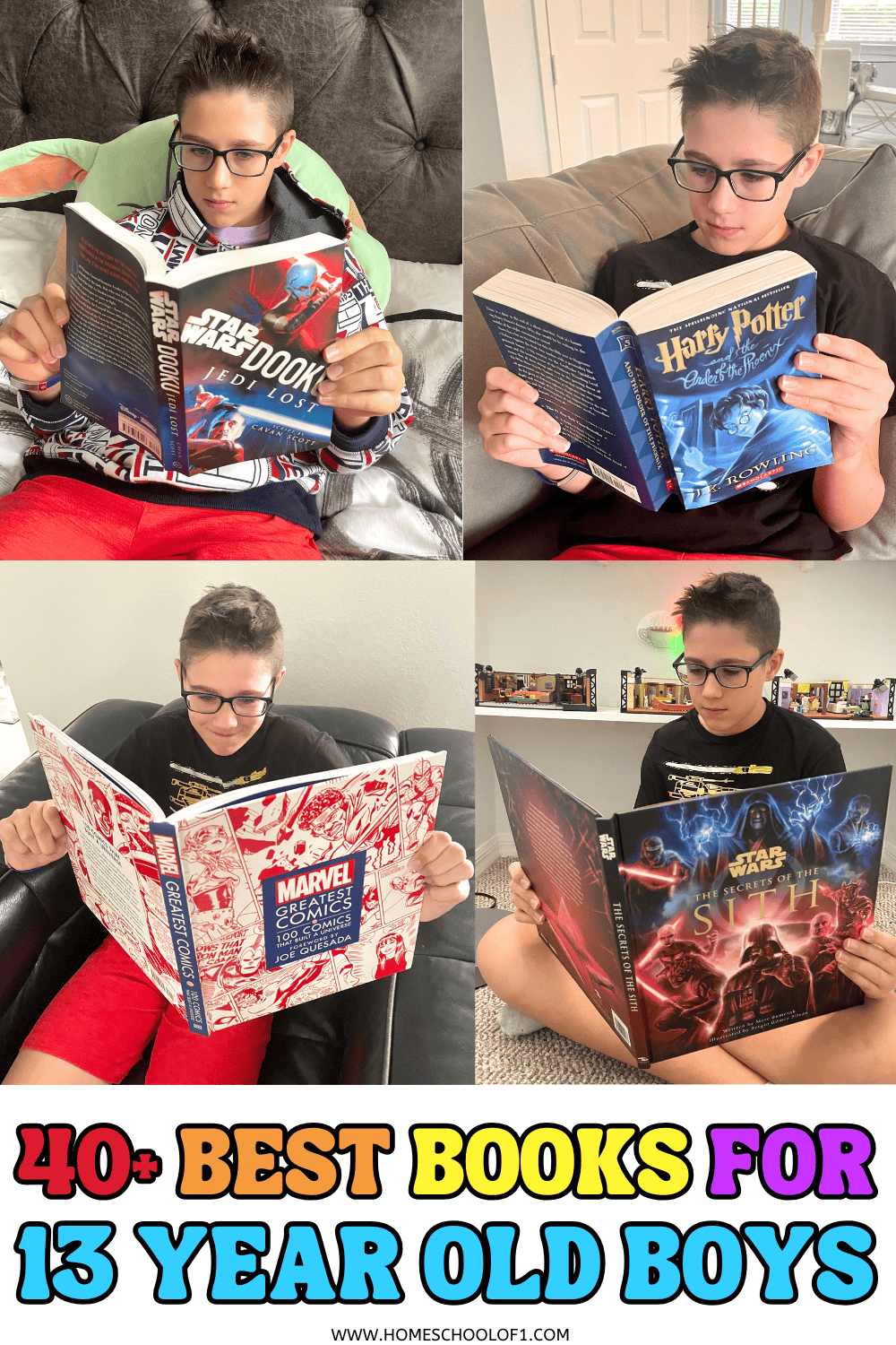 Collage of a 13 year old boy reading Star Wars: Dooku Jedi Lost, Harry Potter and the Order of the Phoenix, Marvel Greatest Comics, and Star Wars: Secrets of the Sith — top book picks for teen boys who love sci-fi, fantasy, and comics.