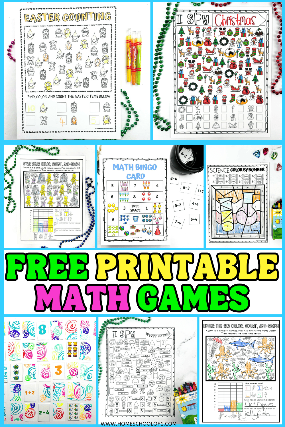 Colorful collage of free printable math games for kids, including themed activities like Easter counting, I Spy Christmas, math bingo, Star Wars and under-the-sea color, count and graph sheets, and addition puzzles. Each worksheet features playful illustrations, bright colors, and hands-on learning elements, with the text “FREE PRINTABLE MATH GAMES” in bold rainbow lettering at the bottom.


