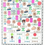 Pi Day I Spy printable worksheet with math symbols, pie slices, circles, cones, cylinders, pi signs, and counting boxes for kids