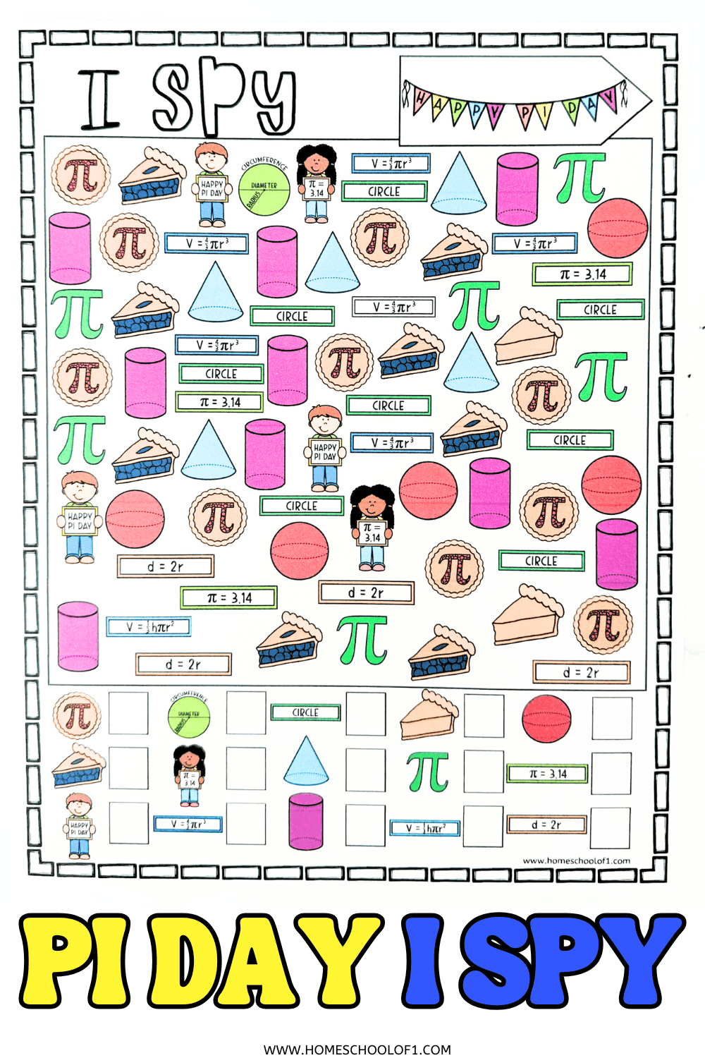 Pi Day I Spy printable worksheet with math symbols, pie slices, circles, cones, cylinders, pi signs, and counting boxes for kids