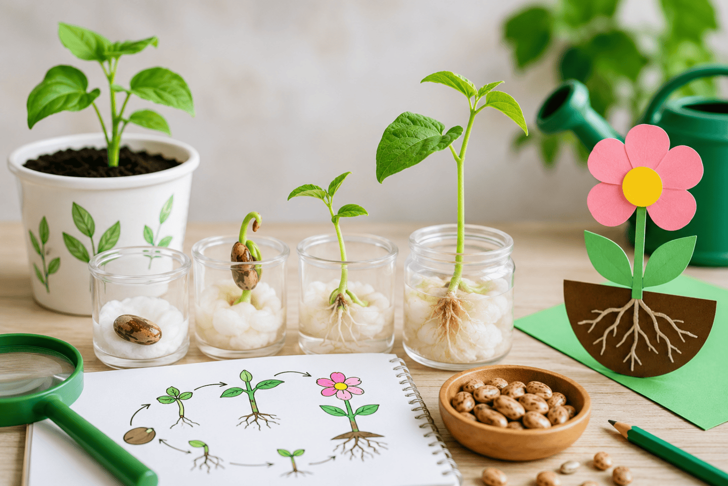 Hands-on plant life cycle activities including sprouting seeds, flower crafts, plant worksheets, and science experiments showing how plants grow from seed to flower.
