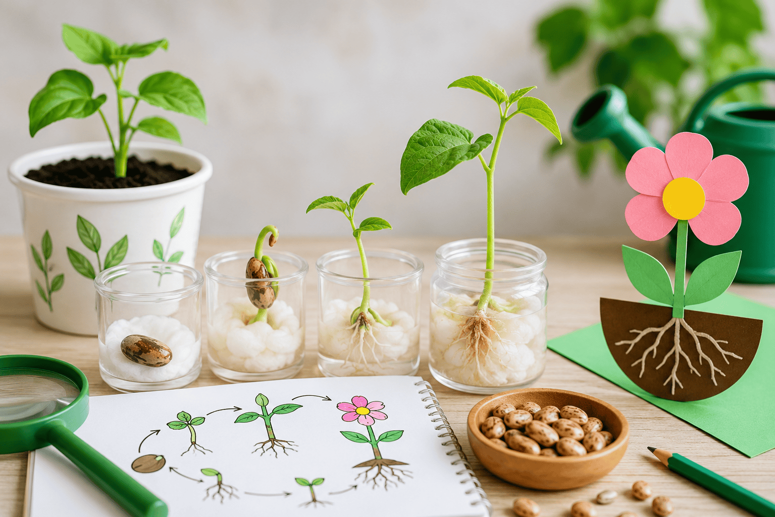 Hands-on plant life cycle activities including sprouting seeds, flower crafts, plant worksheets, and science experiments showing how plants grow from seed to flower.