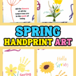 Spring handprint art printables featuring flower and sunflower designs for preschool keepsake crafts.