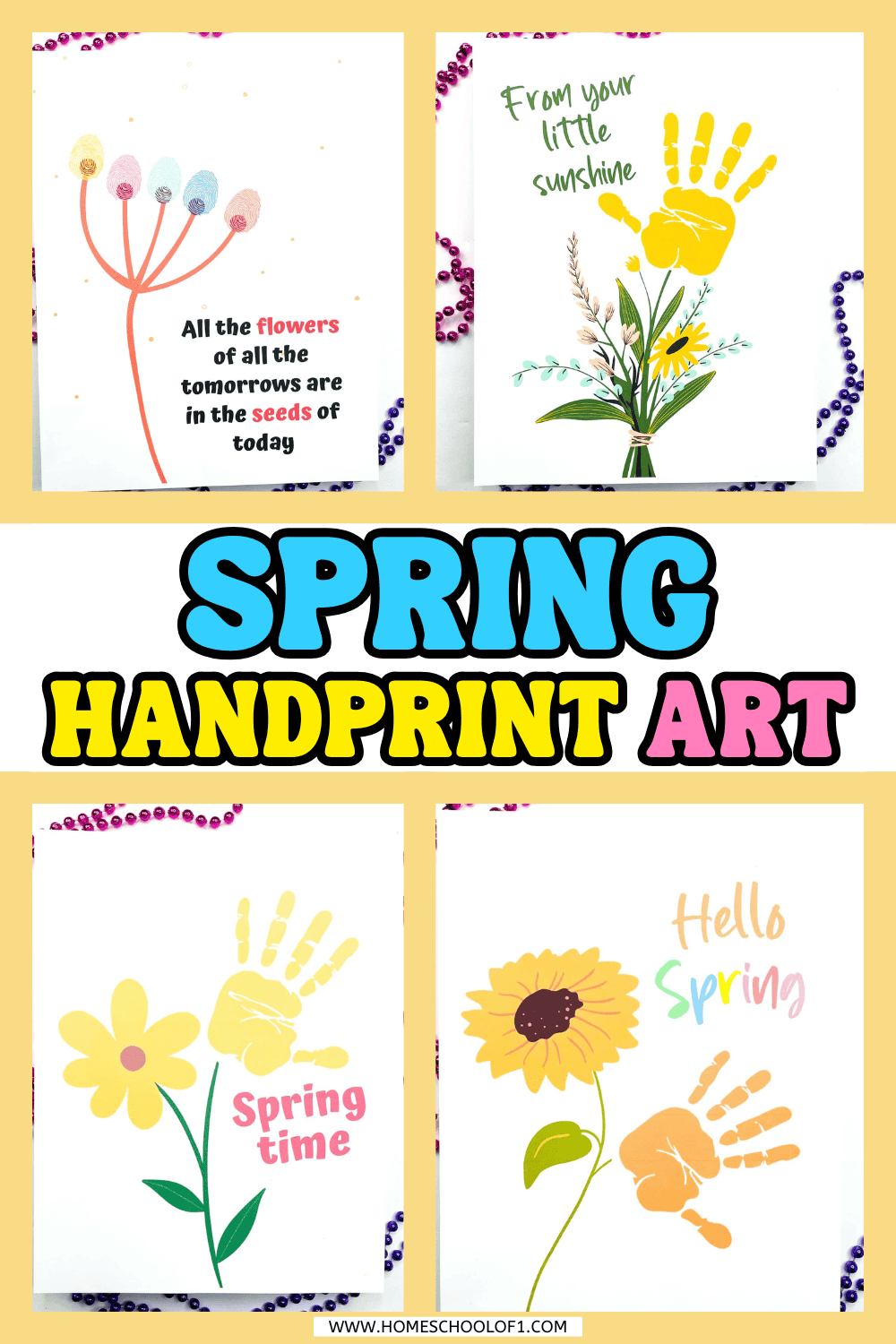 Spring handprint art printables featuring flower and sunflower designs for preschool keepsake crafts.