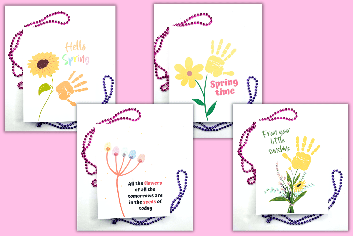 Spring handprint art printable bundle featuring four flower and sunflower keepsake templates for preschool kids craft activities