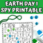 Three Earth Day I Spy printable worksheets displayed with green beads and blue counting tokens, highlighting a fun eco-themed activity for kids. The main page in focus is partially colored with blue and green dots, encouraging interactive learning through visual searching.