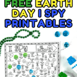 A set of three Earth Day I Spy printable worksheets, with one fully colored and two in black and white. Surrounded by green beads and markers, these eco-themed activity sheets feature images like trees, hearts, recycling symbols, and Earth characters, perfect for a fun and educational Earth Day game.