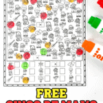Cinco de Mayo I Spy game worksheet showing black-and-white images dotted with red, green, and orange marker colors. Kids can search for and count themed images like guitars, cacti, ponchos, and chips to celebrate the holiday while boosting visual recognition skills.
