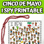 Cinco de Mayo I Spy printable featuring three themed worksheets, with the center sheet in full color. Surrounded by red beads, the activity pages include illustrations of Mexican flags, festive foods, piñatas, and children in vibrant clothing—great for engaging learning and celebration.