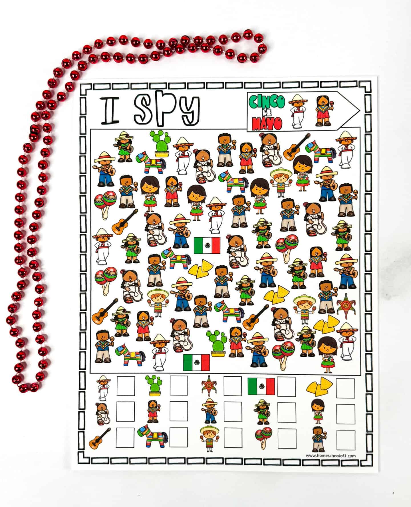 Fully colored Cinco de Mayo I Spy printable with festive illustrations including children in traditional dress, guitars, flags, and chips. This vibrant worksheet offers a fun way for kids to celebrate the holiday with a search-and-find game.