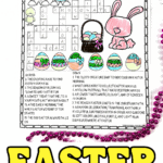 Colorful Easter-themed crossword puzzle for kids, featuring illustrated clues like a bunny, chick, lamb, Easter basket, decorated eggs, and a carrot. The completed puzzle includes words such as “bunny,” “chocolate,” “lily,” “Sunday,” and “pastel,” and has both across and down clues focused on Easter traditions, symbols, and celebrations. Surrounded by green and purple bead necklaces and bold, playful title text that reads “Easter Crossword Puzzle.”