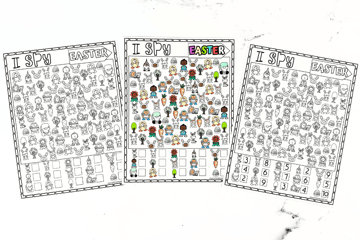 Three Easter-themed "I Spy" game printables are displayed side by side. The middle one is fully colored with items like eggs, bunnies, carrots, trees, and kids in costumes, while the others are black and white—perfect for a fun and educational holiday activity.