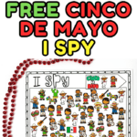 Three Cinco de Mayo I Spy worksheets displayed with red party beads, with the middle sheet fully colored and the others in black and white. The pages feature festive illustrations like maracas, sombreros, tacos, cacti, and children in traditional Mexican outfits—perfect for a themed holiday classroom activity.