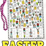 A colorful printable "I Spy Easter" game sheet is decorated with playful icons like bunnies, eggs, flowers, trees, and kids in costumes. Purple beads and a yellow book peek into the frame, making it feel festive and fun for Easter activity time.