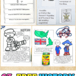 Tall image layout of printable history activities for kids, including write-your-name-in-hieroglyphics tasks, Revolutionary War coloring pages, and presidential facts—ideal for homeschoolers and classroom enrichment alike.