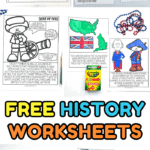 A vertical Pinterest pin showcasing free history worksheets for elementary students, with illustrations and short facts about the War of 1812, the American Revolution, and Benjamin Franklin, emphasizing interactive and creative history learning at home.