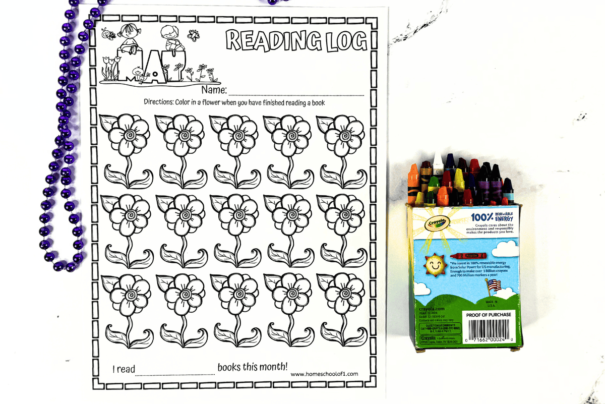 Black and white May reading log printable with 15 flower illustrations, each representing a book read. Ideal as a monthly reading tracker for kids, this log encourages coloring in a flower after finishing each book, with crayons and purple beads included for a fun touch.