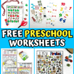 A large Pinterest-style collage featuring hands-on preschool worksheets, including alphabet bingo, tracing sheets with dinosaurs, apple pattern recognition, colorful math problems, zoo animal color-by-number, pirate "I Spy", matching clothes, and an alphabet maze. Text in the middle and bottom declares “Free Preschool Worksheets” against a bright blue background.
