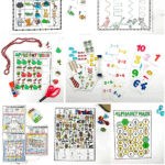 A bright and organized collage showcasing fun preschool worksheets, such as letter bingo, dinosaur tracing, apple patterns, math addition cards, pirate-themed "I Spy", and color-by-number zoo animals. The text at the bottom reads “Free Preschool Worksheets” in bold letters with a playful mix of blue, pink, and green.