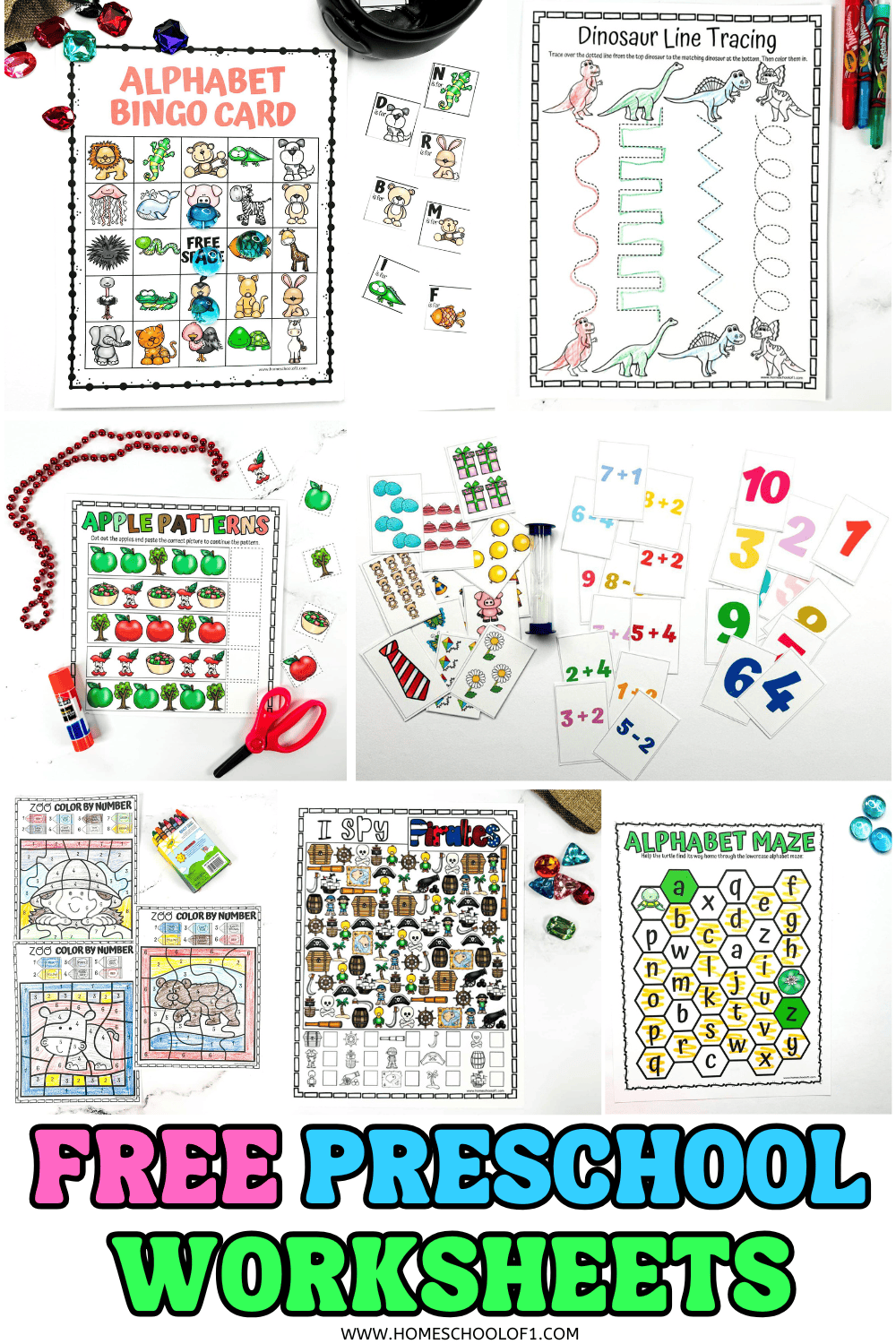 A bright and organized collage showcasing fun preschool worksheets, such as letter bingo, dinosaur tracing, apple patterns, math addition cards, pirate-themed "I Spy", and color-by-number zoo animals. The text at the bottom reads “Free Preschool Worksheets” in bold letters with a playful mix of blue, pink, and green.