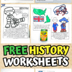Pinterest-style pin displaying colorful and black-and-white educational history worksheets for young learners, covering U.S. historical figures, early American conflicts, and cultural decoding exercises like hieroglyphics; perfect for engaging social studies lessons.