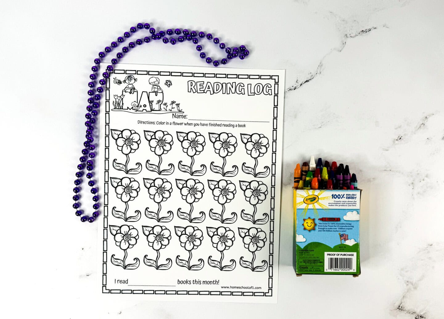 Black and white May reading log featuring 15 flower icons with a space to write the number of books read. This clean and simple printable is great for classrooms, homeschoolers, or library reading programs.