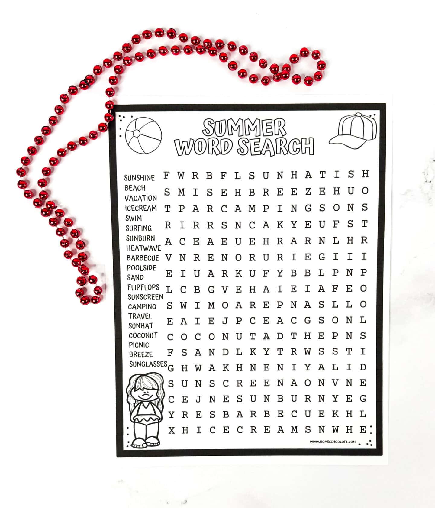 Uncolored summer word search printable outlined in black and white, with themed icons like a beach ball and baseball cap. Includes seasonal vocabulary like sand, sunglasses, and picnic—perfect for coloring and vocabulary reinforcement.