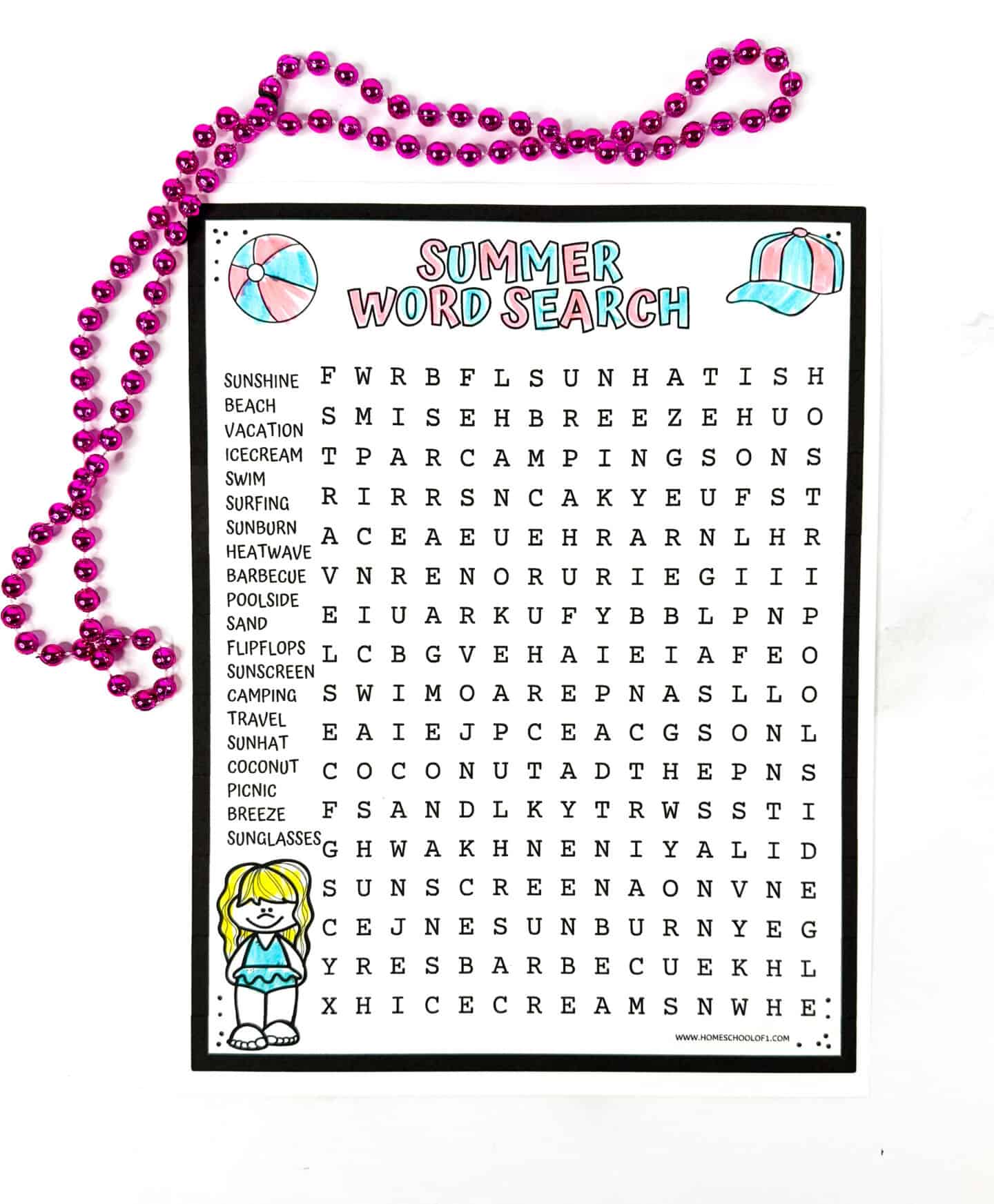 Blank summer word search printable featuring 24 themed vocabulary words listed on the left, including heatwave, swim, and coconut. Surrounded by pink beads and illustrated with a cartoon beach girl, this is a fun and educational summer worksheet for kids.
