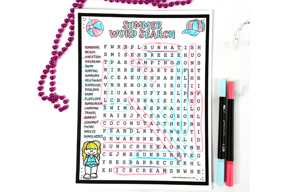 Free summer word search activity for kids with words like vacation, sunscreen, flip-flops, and breeze. Words are highlighted in colorful markers, and the page is decorated with beach ball and cap illustrations for an engaging summer literacy game.