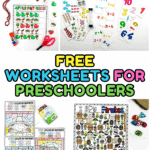 A collage of colorful preschool worksheets, including an alphabet bingo card, dinosaur line tracing activity, apple patterns sheet, math flashcards, color-by-number zoo animals, an "I Spy Pirates" game, clothing matching sheets, and an alphabet maze. The center features bold text reading “Free Worksheets for Preschoolers” in rainbow colors.
