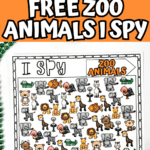 Three “I Spy Zoo Animals” sheets displayed in a row—two are black and white, and the middle one is colored. The colored sheet includes playful illustrations of animals like elephants, lions, alligators, and birds. Below, large text on an orange background reads “Free Zoo Animals I Spy.”